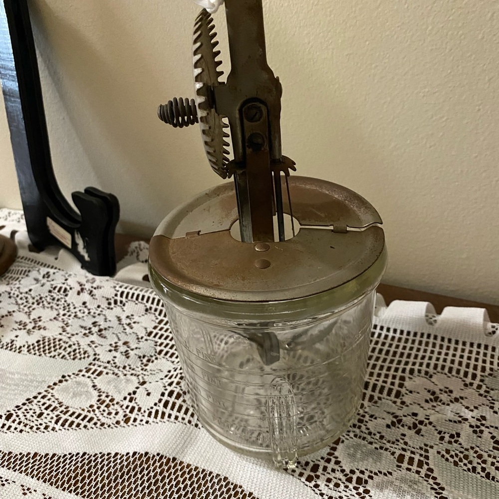 Clear Glass Butter Churn Jar with Metal Hand Crank
